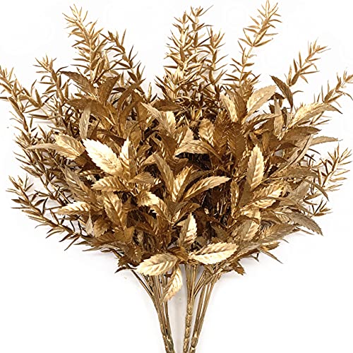 Artificial Gold Plants for Christmas, CATTREE Golden Leaves Plant Plastic Faux Shrubs Fake Simulation Spiky Grass Bushes for Home Indoor Outdoor Wedding Decoration Hall Table Planter Filler 4 Pack