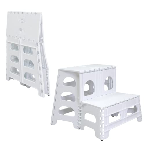 Bee Neat 2 Step Folding Step Stool for Adults and Kids – Foldable Stool for Office, Garage, Library, Closet, Bathroom and Porch – Collapsible Step Stool Ladder Supports 200lbs – White