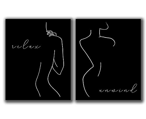Abstract Minimalist”Relax, Unwind” Black Wall Decor – Set of 2-8″x10″ UNFRAMED Prints – Modern, Minimal, Black And White Line Art – Female Figure Silhouette – Bathroom Wall Decor