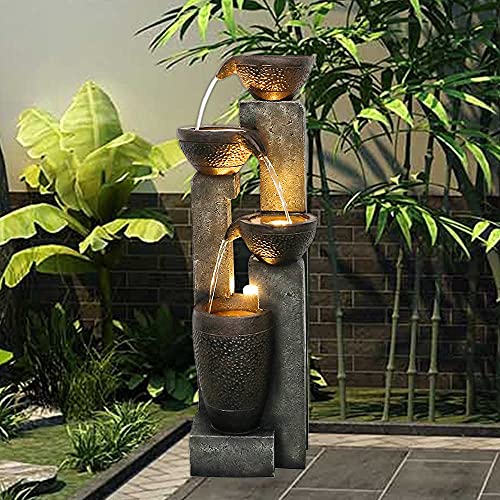 Handunmi Outdoor Garden Water Fountain-Indoor Polyresin Waterfall Floor-Standing Fountains with LED Lights for Garden, Patio, Deck, Porch, Yard Art Decor (40inch)