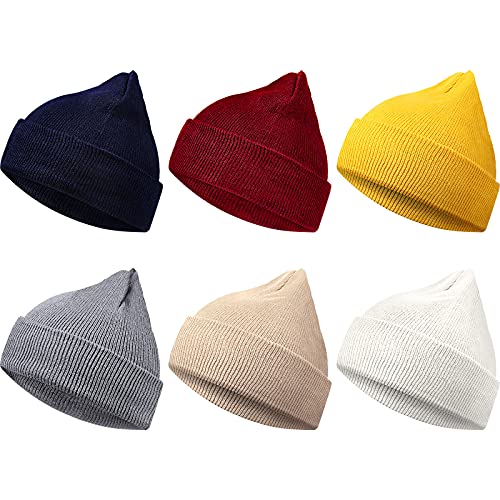 6 Pieces Multi-Color Unisex Beanies Cap Cuffed Beanie Cap Comfortable Warm Cold-Proof Knitted Hat (Navy Blue, Maroon, Yellow, Light Gray, Beige, White, 18 cm)
