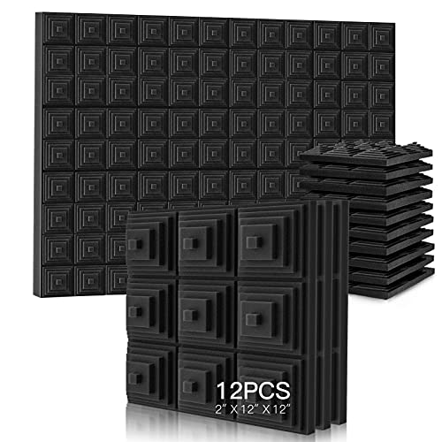 Acoustic Foam Panels of 12 Pack, 2021 New Sound Proof Foam Panels 2″ x 12″ x 12″, Soundproof Insulation for Wall, Noise Absorbing Padding for Music Studio Bedroom Home, Decreasing Noise