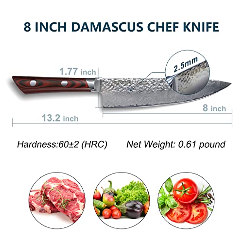 RITSU Chef Knife, 8 Inch Damascus Chef’s Knife, AUS-10 Damascus Steel Japanese Knife with Ergonomic G10 Handle, Kitchen Knife with Hammered Texture Pattern | The Storepaperoomates Retail Market - Fast Affordable Shopping