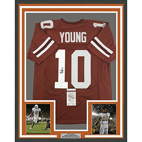 Framed Autographed/Signed Vince Young 33×42 Texas Orange College Football Jersey JSA COA