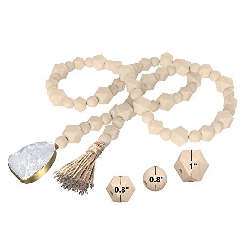 A&R 60in Wood Bead Garland with Tassel and Quartz – Large Multi Size and Shape Wooden Beads – Handmade Farmhouse Bead Modern Decor – Prayer Boho Rustic Style Garland Great for Table Decor, Wall Decor