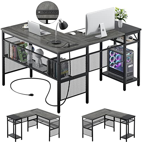 Unikito L Shaped Computer Desk with USB Charging Port and Power Outlet, Reversible L-Shaped Corner Desk with Storage Shelves, Industrial 2 Person Long Gaming Table Modern Home Office Desk, Black Oak