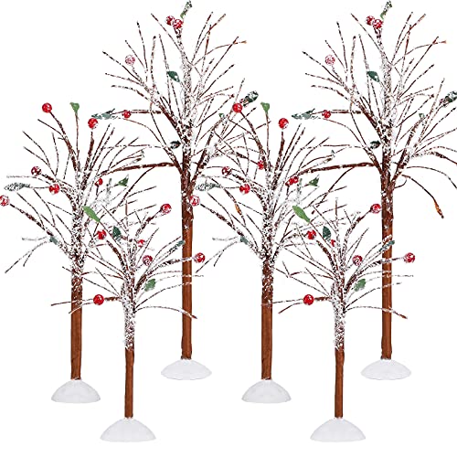6 Pieces Christmas Tree Decor Snow Covered Village Tree Accessories Village Red Berry Bare Branch Artificial Tree for Holiday Fairy Gardens Village Winter Wonderland Display (Red Berry Trees)