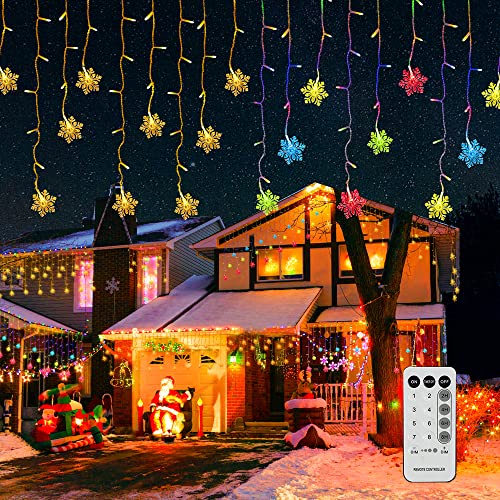 FUNPENY Color Changing Icicle Lights with Snowflake, Outdoor Dripping Christmas Light with Remote, 360 LED 8 Modes Curtain Lights 60 Drops, Indoor Holiday Wedding Party Decor, Warm White & Multicolor