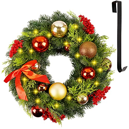 Glory Island Pre-lit Christmas Wreath, 14.5 Inch Xmas Wreath with Bow, Red Berry, Battery Operated Warm White 40 LED Lights, Christmas Decorations Lighted Wreath for Front Door Wall