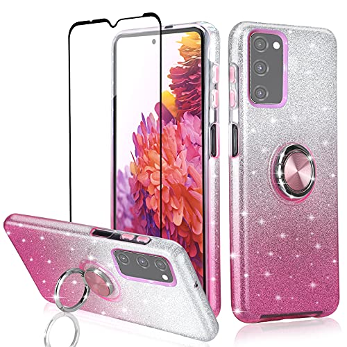 FZLOO for Samsung Galaxy S20 FE Case with 1 Pack Screen Protector, Shiny Cute Glitter TPU Silicone Bling Sparkle Shockproof Protective Cover with Ring Kickstand for Samsung Galaxy S20 FE 5G (Pink)