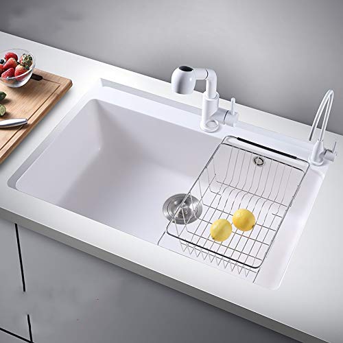 FKSDHDG White Quartz Stone Sink with Faucet, Kitchen Sink Basket Kitchen Single Bowl Undermount Above Counter Kitchen Sinks Tap (Size : 5543A)