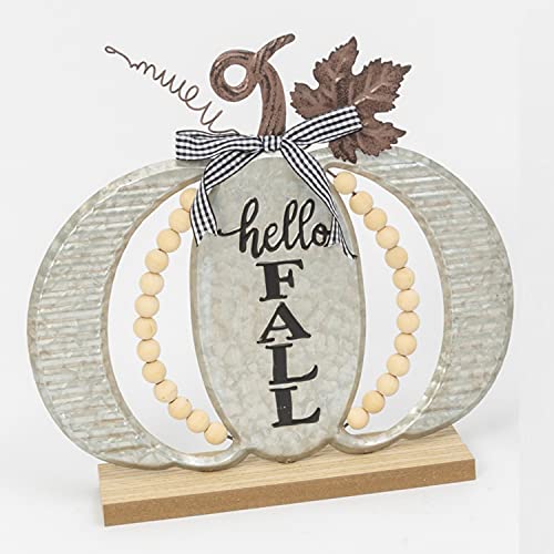 One Holiday Way 13-Inch Corrugated Metal and Wood Hello Fall Pumpkin Standing Sign with Bow and Wooden Bead Accent – Thanksgiving Autumn Tabletop Decoration – Country Harvest Home Decor