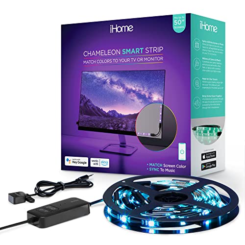 iHome Chameleon Smart TV LED Immersion Backlights, Color Matching Screen Sensor and Sound Sync LED Strip, 3m WiFi RBG, Works with Alexa and Google Home, Fits up to 50in TV or PC Monitor