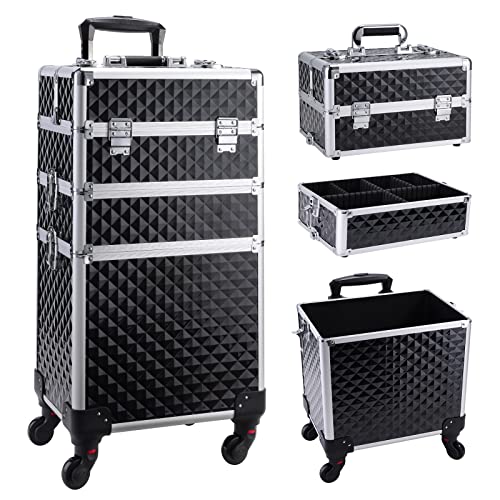 Frenessa 3 in 1 Rolling Makeup Train Case Professional Cosmetic Trolley Large Storage with Keys Swivel Wheels Salon Barber Case Traveling Cart Trunk for Make Up Hairstylists Nail Tech, Vintage Black