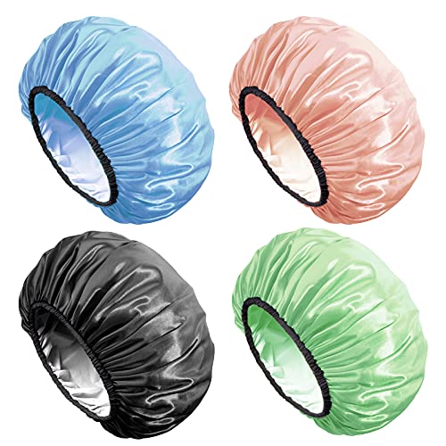 Aquior Shower Cap,4-Pack Large Shower Caps for Women Long Hair, Premium Soft Silky Satin Reusable Hair Cap For All Hair Lengths And Big Hairstyles