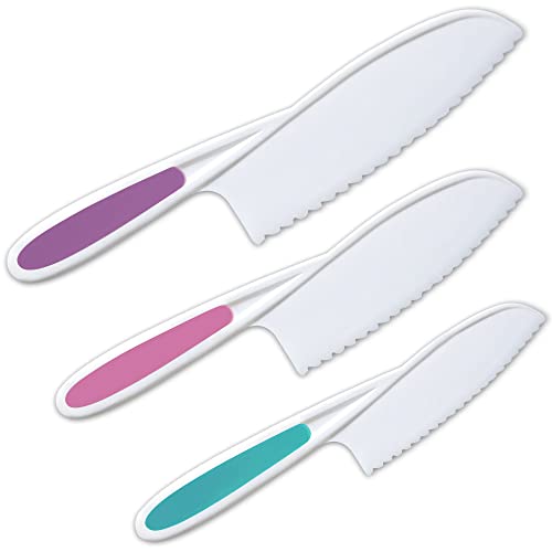 Ragazzacucine Kids Knife Set of 3 – Firm Grip, Serrated Edges & Safe – Colorful Nylon Toddler Cooking Knives to Cut Fruits, Salad, Cake, Lettuce (PurpleMulti)