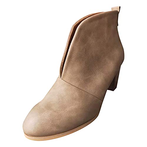 NOLDARES Boots for Women Low Heel V Cutout Ankle Boots Leather Winter Warm Stacked Chunky Heel Short Booties, Khaki, 7.5