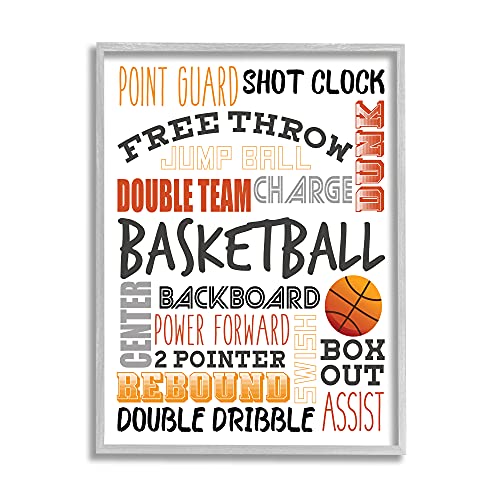 Stupell Industries Basketball Game Terms Orange Typography Kids’ Sports, Designed by Kim Allen Gray Framed Wall Art, 16 x 20