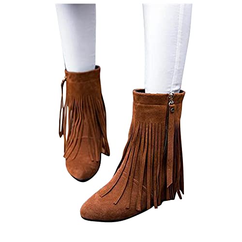NOLDARES Boots for Women Flock Ankle Fringe Heel Boots Winter Warm Side Zipper Stacked Chunky Low Heel Short Booties, Brown, 9