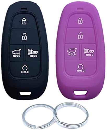 RUNZUIE 2Pcs 5 Buttons Silicone Remote Smart Key Fob Cover Shell Compatible with 2021 2020 Hyundai Sonata 2021 Sonata Fe TQ8-F08-4F27 95440-L1060 Purple/Black