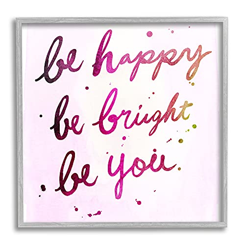 Stupell Industries Be Happy Bright Phrase Glam Positivity Sentiment, Designed by Junco. Studio Gray Framed Wall Art, 17 x 17, Pink