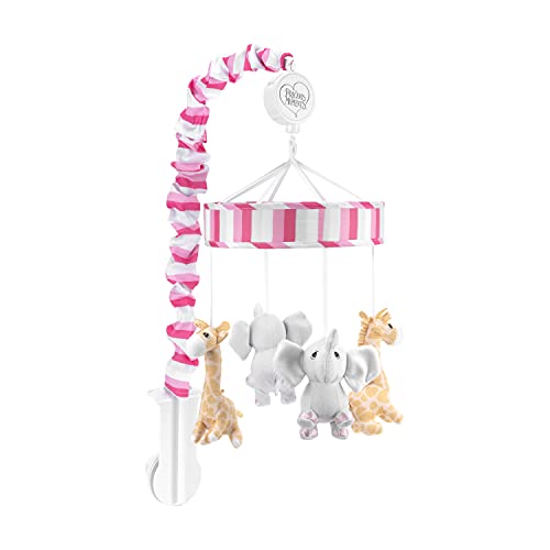 Precious Moments Noah’s Ark Baby Musical Crib Mobile for Girls with Soft Lullaby; Baby Elephant and Giraffe Safari Nursery Décor; Bright and Light Pink, Gray and White Baby Mobile Crib Toy with Music