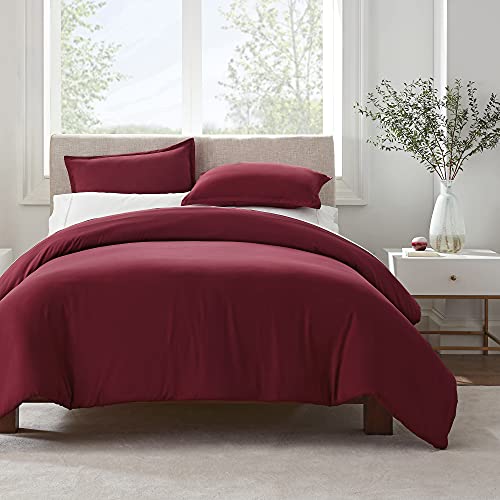 SERTA Simply Clean Ultra Soft Hypoallergenic Stain Resistant 3 Piece Solid Duvet Cover Set, Burgundy, Full/Queen