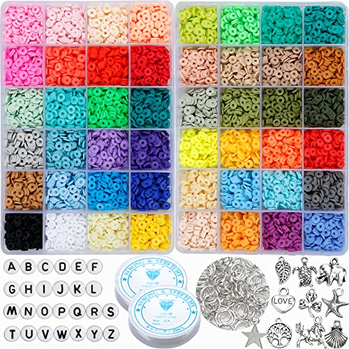 AMAZING TIME 12000 Pcs Clay Beads Bracelet Making Kit – 48 Color Polymer Clay Beads, 200 Pcs A-Z Letter Beads, Pendant, Jump Rings and Elastic Cords for DIY Jewelry Making