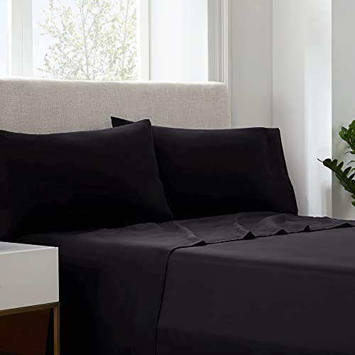 Serta Simply Clean Soft Hypoallergenic Stain Resistant Deep Pocket 4 Pieces Solid Bed Sheet Set, Queen, Black