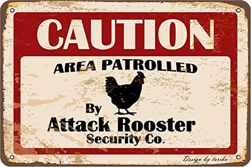 BIGYAK Caution Area Patrolled by Attack Rooster Security Co. 8X12 Inch Iron Vintage Look Decoration Crafts Sign for Home Kitchen Bathroom Farm Garden Garage Inspirational Quotes Wall Decor