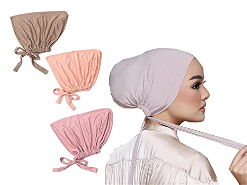 3 Pieces Adjustable Muslim Inner Under Hijab Cap with Ties Back Islamic Under Scarf Bonnet Caps Chemo Cap (Camel)