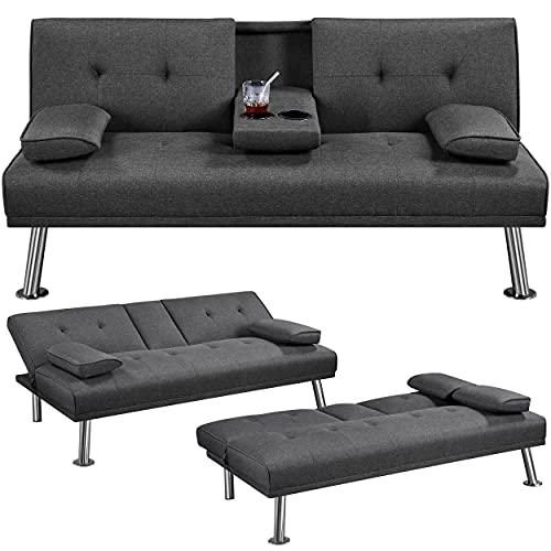 Yaheetech Linen Fabric Modern Sofa Bed Sectional Couch Bed Folding Recliner Sleeper Reversible Loveseat Convertible Daybed, 2 Cup Holders, 3 Angles, 772lb Capacity, Removable Armrests, Dark Gray