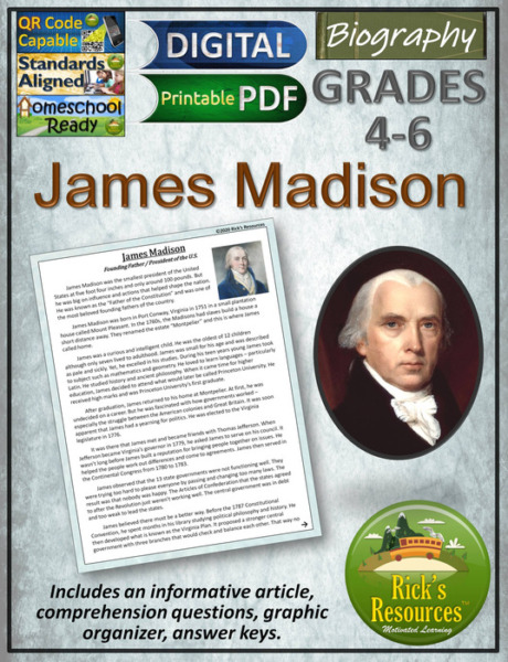 James Madison Biography Reading Comprehension Print and Digital Versions