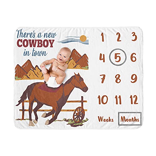 Sweet Jojo Designs Wild West Cowboy Boy Milestone Blanket Monthly Newborn First Year Growth Mat Baby Shower Memory Keepsake Gift Picture – Red Blue and Tan Western Southern Country Horse Mountains