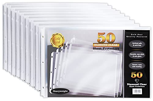 50 Pack 11×17 Inch Heavyweight Diamond Clear Sheet Protectors, Side Loading, Ledger Sheet Protectors, by Gold Seal, 3-Hole Punched