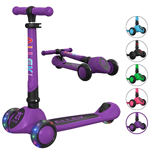 Allek Kick Scooter Foldable F02, 3-Wheel LED Flashing Glider and 4 Adjustable Height with Anti-Slip Thick Deck Push Scooter for Children 3-12yrs (Purple)