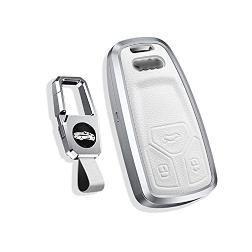 SANRILY Metal Leather Key Fob Cover for Audi Q5 A4 A3 A6 Q7 TT S5 SQ5 R8 Keyless Keychain Holder Key Protector Case Shell White