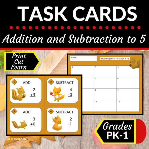 Addition and Subtraction |Up to 5 |Task Cards