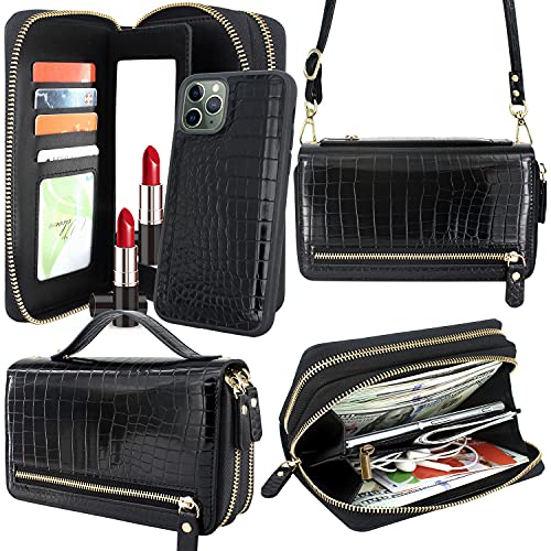 Harryshell Compatible with iPhone 11 Pro Max 6.5 inch Case Wallet Multi Zipper Detachable Magnetic Cover Clutch Purse Bag with Card Slots Mirror Crossbody Shoulder Chain Lanyard (Crocodile Black)