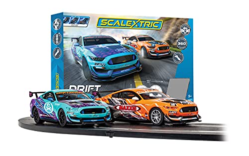 Scalextric Drift 360 Mustang GT4s 1:32 Analog Slot Car Race Track Set C1421T, Blue & Orange