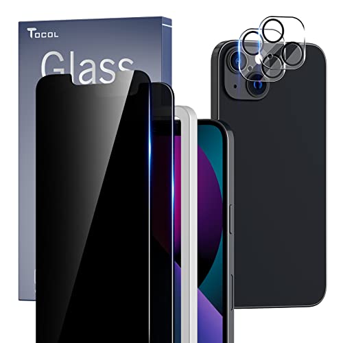 TOCOL [2+2 Pack Compatible with iPhone 13 Mini 5.4” – 2 Pack Privacy Tempered Glass Screen Protector & 2 Pack Camera Lens Protector, Bubble Free, Case Friendly, Installation Frame, [Anti-Spy]