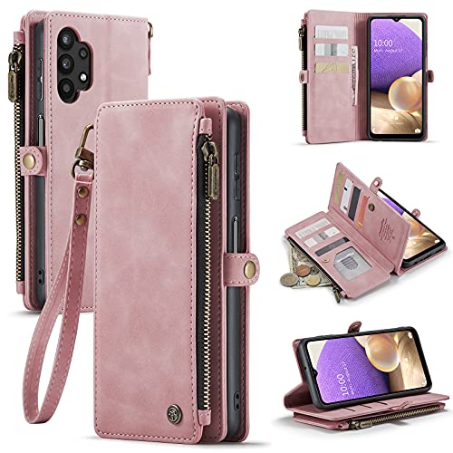 Defencase Samsung Galaxy A32 5G Case, Samsung A32 5G Wallet Case, Premium Durable PU Leather [Magnetic Flip] [Zipper Pocket] [Lanyard Strap] [Card Holder] Phone Case for Galaxy A32 5G, Rose Pink