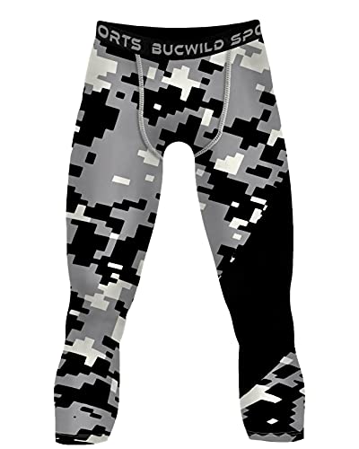 Bucwild Sports 3/4 Boys Youth Compression Pants Tights Leggings for Basketball Football Cycling Baselayer Black Camo Fits Waist 34-38″