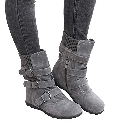 NOLDARES Boots for Women Winter Round-Toe Buckle Strap Zipper Boots Flats Low-Heeled Combat Mid Calf Boots