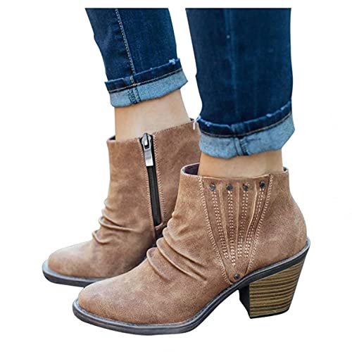NOLDARES Boots for Women Zipper Wedge Ankle Booties Retro Stacked Heel Comfort Trendy Walking Short Boots, Brown, 8.5