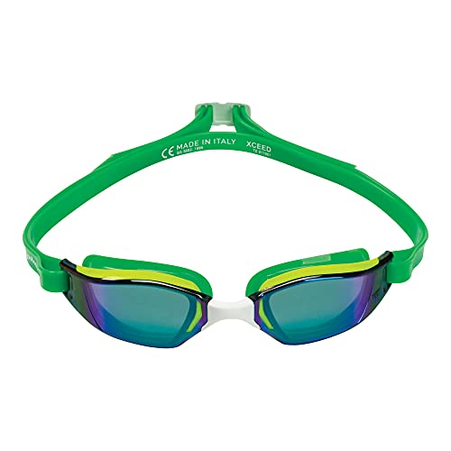 MP Michael Phelps XCEED Competetive Swimming Goggles — Made in Italy — Unisex Adult Goggles for Men and Women | Green Mirrored, Yellow & Green, EP1310703LMV
