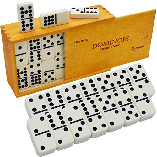 Dominoes Set for Adults for Families and Kids Ages 9 and up – Double Nine Dominoes Set for Classic Board Games – Domino Set for Family Games – Double Nine Dominos Set 55 Tiles with Wooden Case