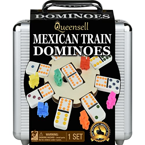 Queensell Mexican Train Dominoes Set for Adults Tile Board Game – Dominos Set for Classic Board Games – Double 12 Dominoes Set for Family Games – Domino Set 91 Tiles with Aluminum Case