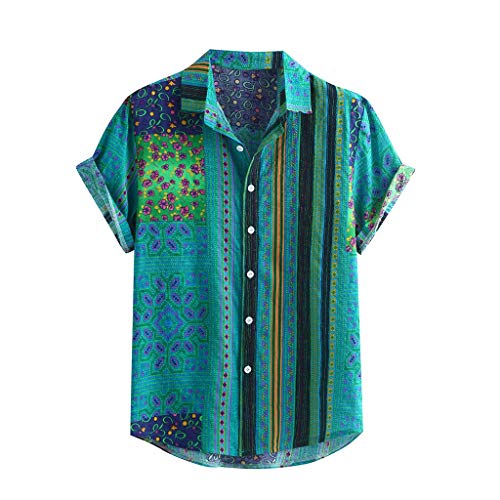 Mens T Shirt,Hawaiian Shirts for Men Button Down Short Sleeve Aloha Beach Striped Plaid Floral Shirt Summer Casual Regular Fit Top Green