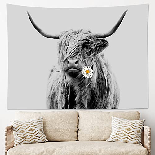 HVEST Highland Cow Tapestry Farm Animal Bull Tapestry Wall Hanging Funny Cattle and Daisy Flower Tapestries Wall Decor Blanket for Living Room Bedroom Dorm Party, 80x60Inchs
